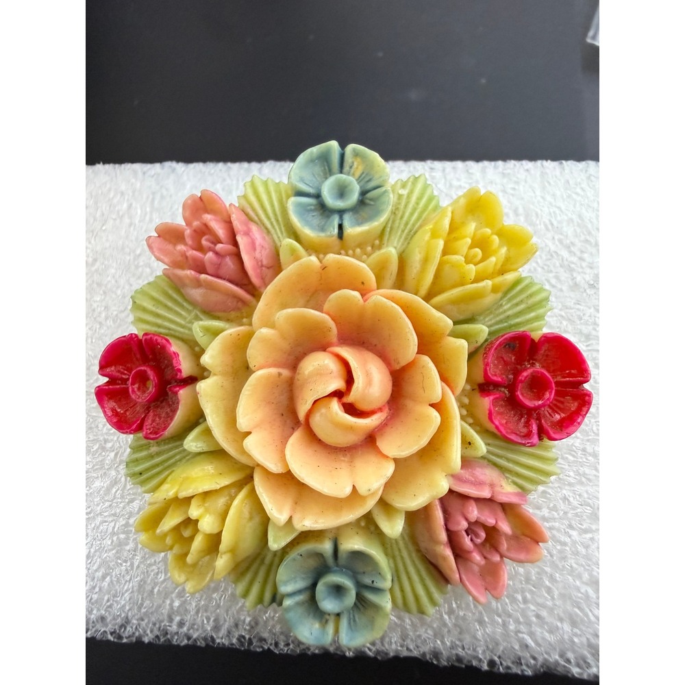 Vintage Celluloid Pastel Roses Flower Bouquet Brooch C-Clasp JAPAN 2" Plastic